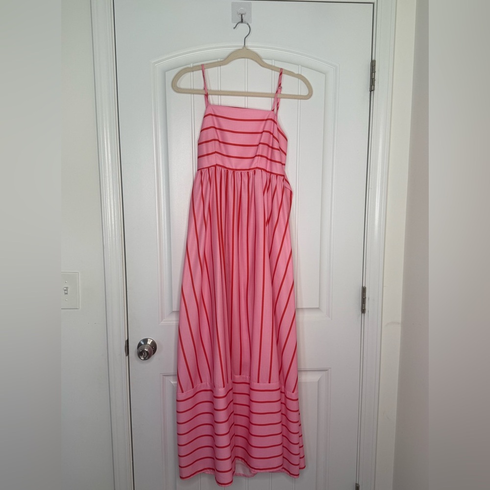 Boutique Pink Striped Maxi Dress. Tie back.